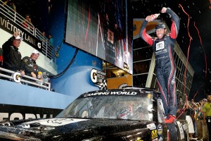 Darrell Wallace celebrates the race win (photo - NASCAR via Getty Images)