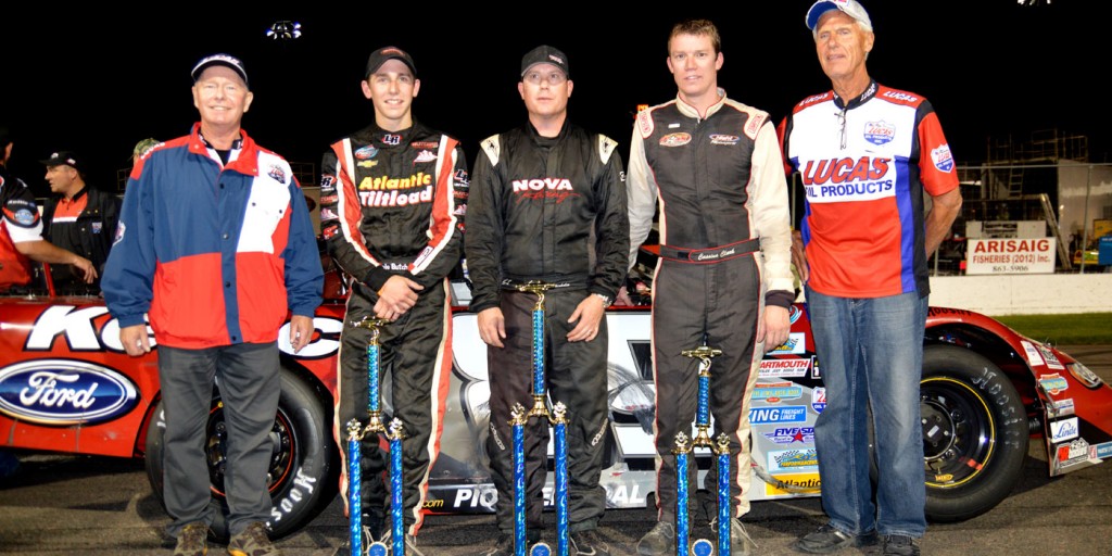 Lucas Oil 150 podium finisher's (left to right): Cole Butcher (2nd), Donald Chisholm (winner), Cassius Clark (2nd) - photo by Ken MacIsaac