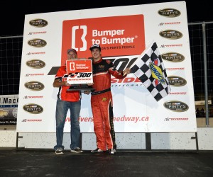 Cayden Lapcevich celebrates winning the Bumper to Bumper 300 (photo - Ken MacIsaac)